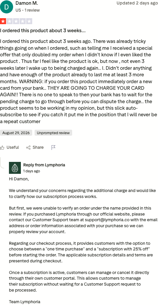 Lymphoria Trustpilot 1-star review: charged again weeks after the first order