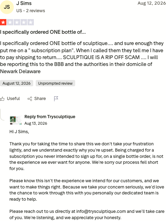Sculptique Trustpilot 1-star review: ordered one bottle, put on a subscription plan