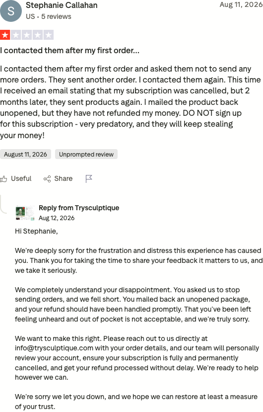 Sculptique Trustpilot 1-star review: mailed product back unopened, never refunded