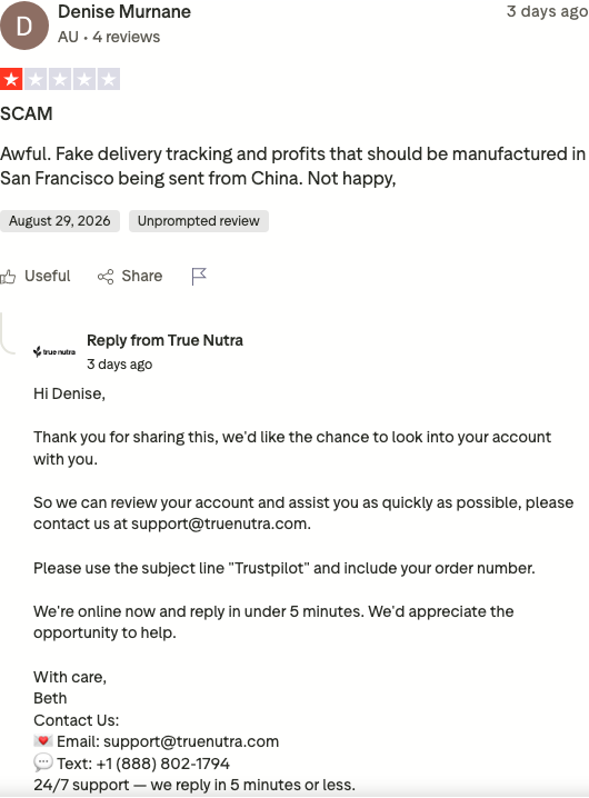 True Nutra Trustpilot 1-star review: shipped from China