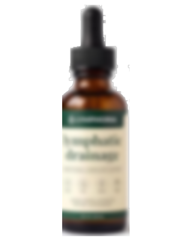 A blurred, unbranded competitor lymphatic drainage drops bottle