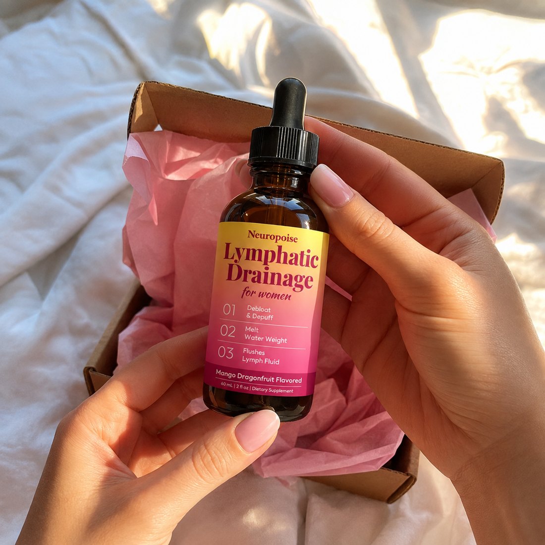 Neuropoise Lymphatic Drainage Drops next to a glass of water and a strawberry.