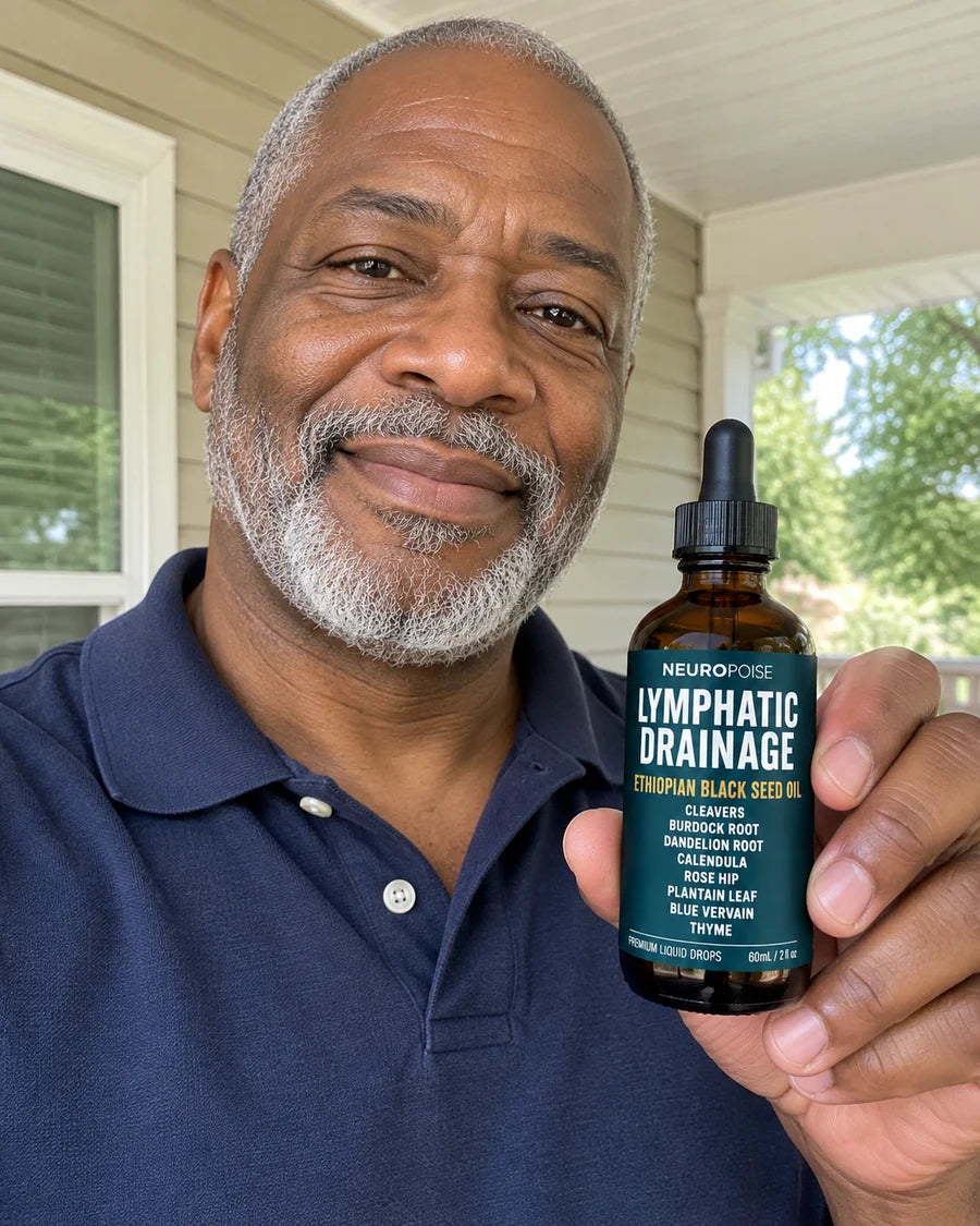 Happy customer holding his Neuropoise bottle on his porch