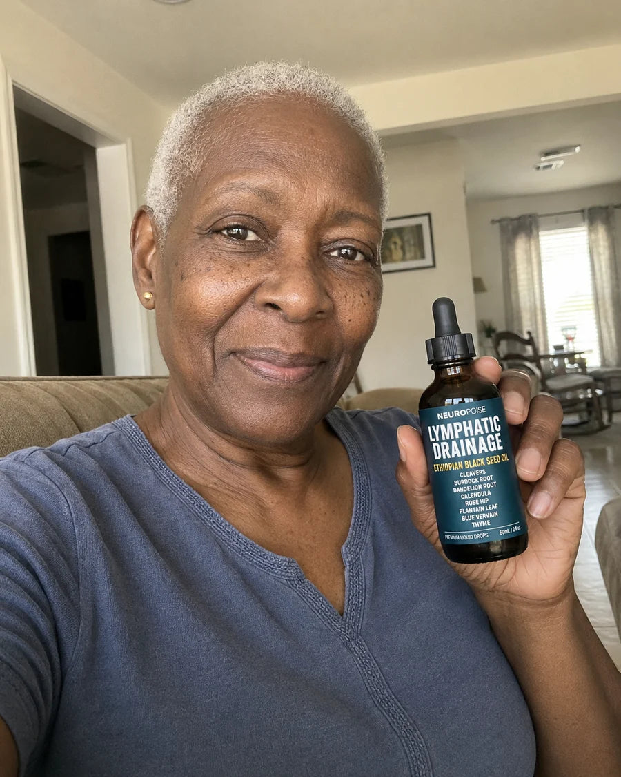 Happy customer holding her Neuropoise bottle at home