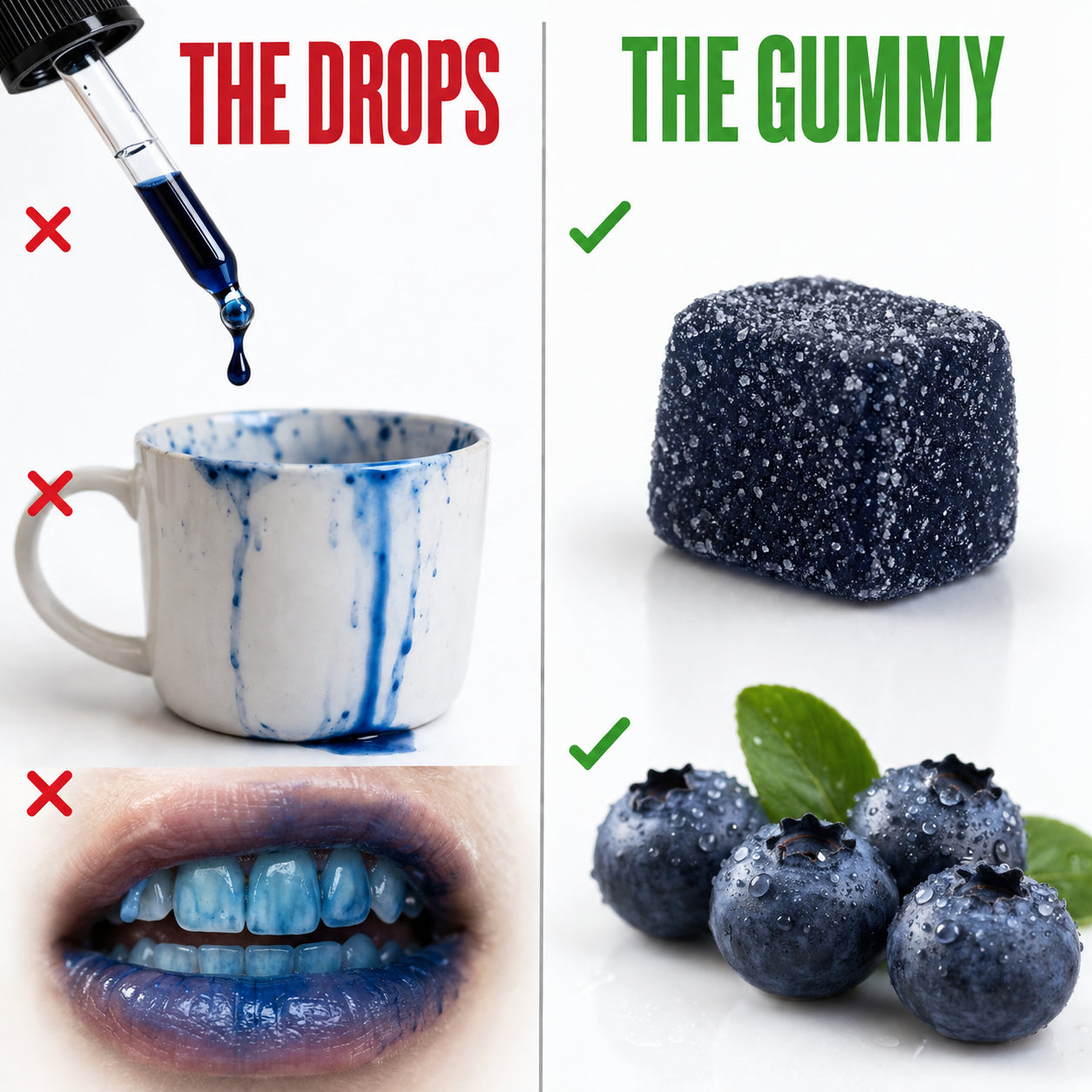 Split image comparing a spilled, stained methylene blue liquid dropper bottle beside a clean, mess-free Neuropoise gummy.
