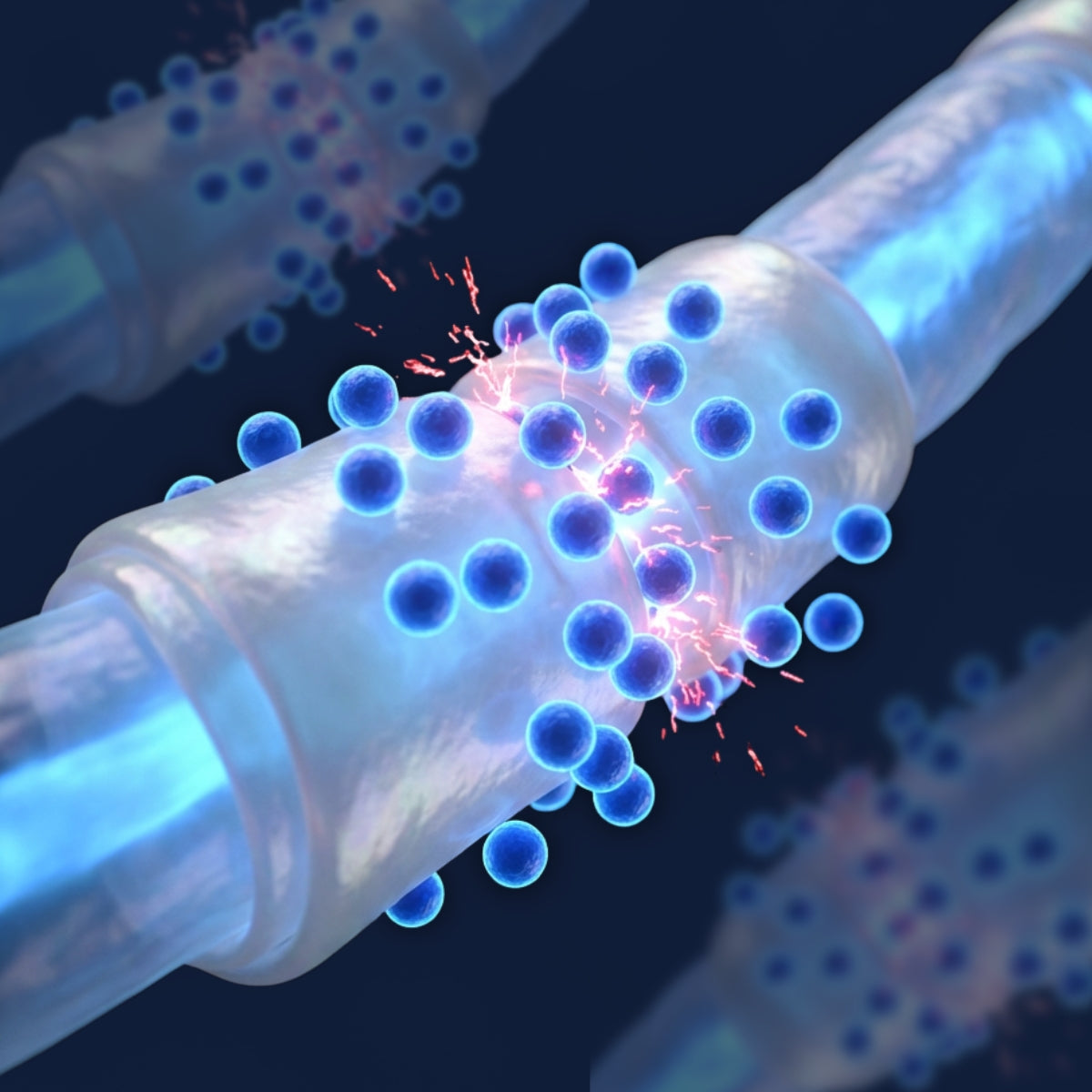 3D illustration of a damaged nerve pathway being repaired and reconnected at the cellular level.