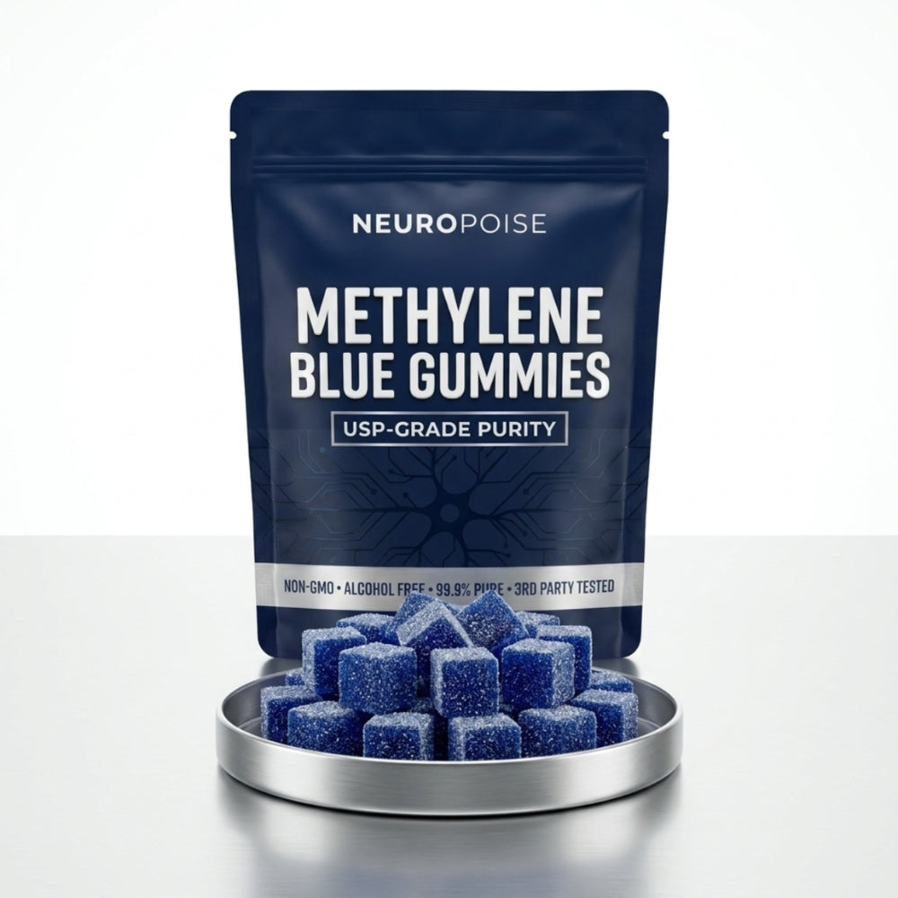 A pack of Neuropoise Methylene Blue Gummies beside a tray of blue gummies, made for fast, easy absorption.