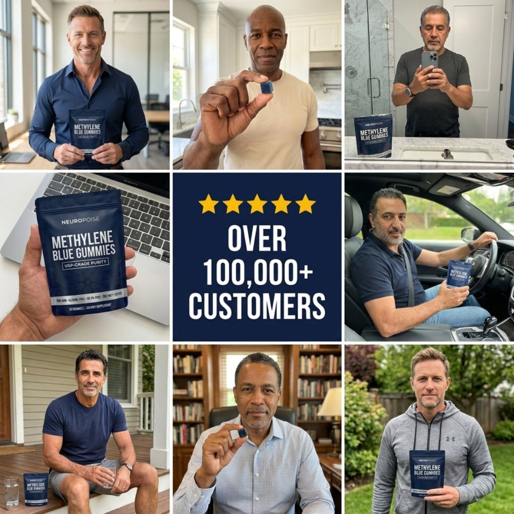 A collage of smiling senior customers each holding their pack of Neuropoise Methylene Blue Gummies.