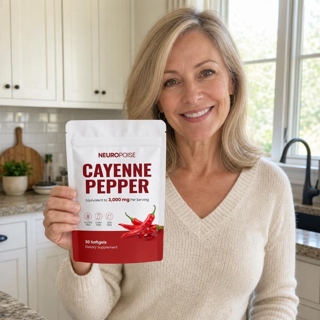Woman holding Neuropoise Cayenne Pepper Softgels in her kitchen